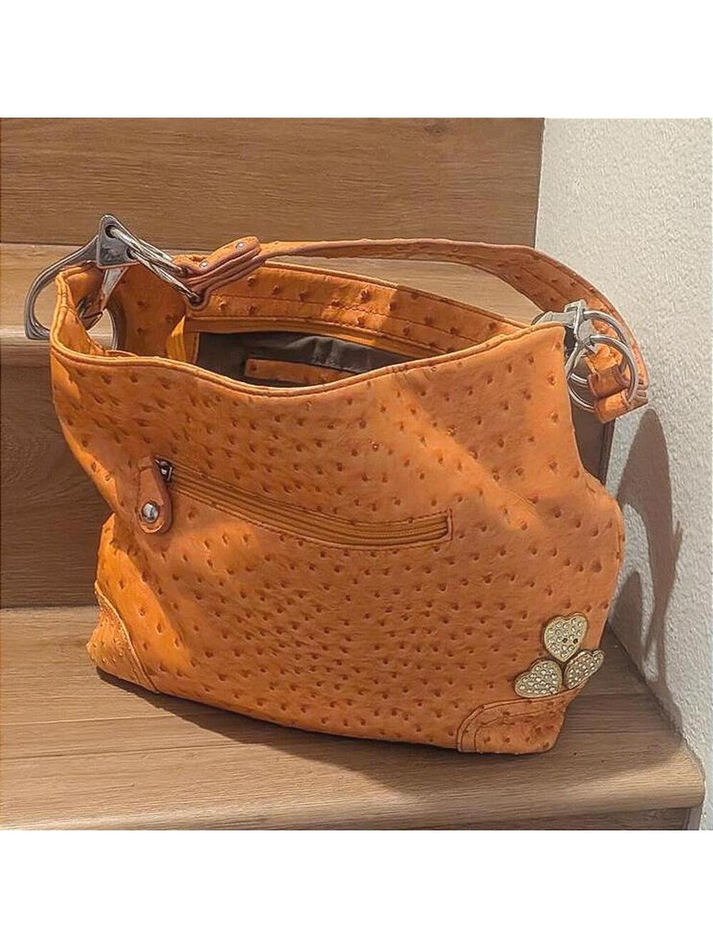 VTG OSTRICH tangerine Skin Handbag Rare Crystal Heart Boho Y2K Western glam